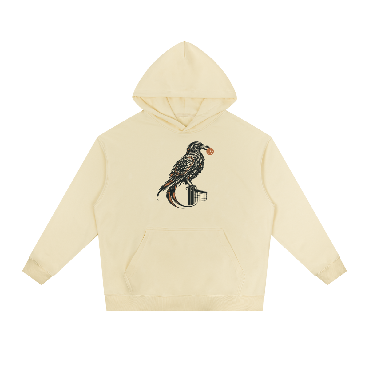 Cream drop-shoulder hoodie with front hood and bird graphic