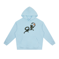 Sky blue drop-shoulder hoodie with front kangaroo pocket and chest graphic