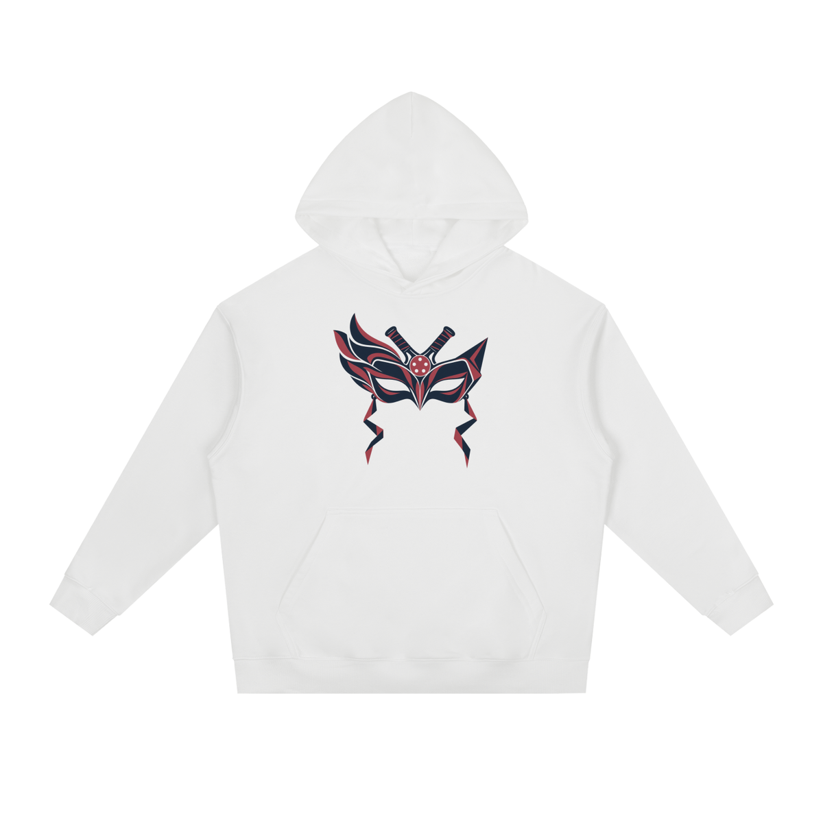 White pullover hoodie with hood, kangaroo pocket, and colorful front graphic