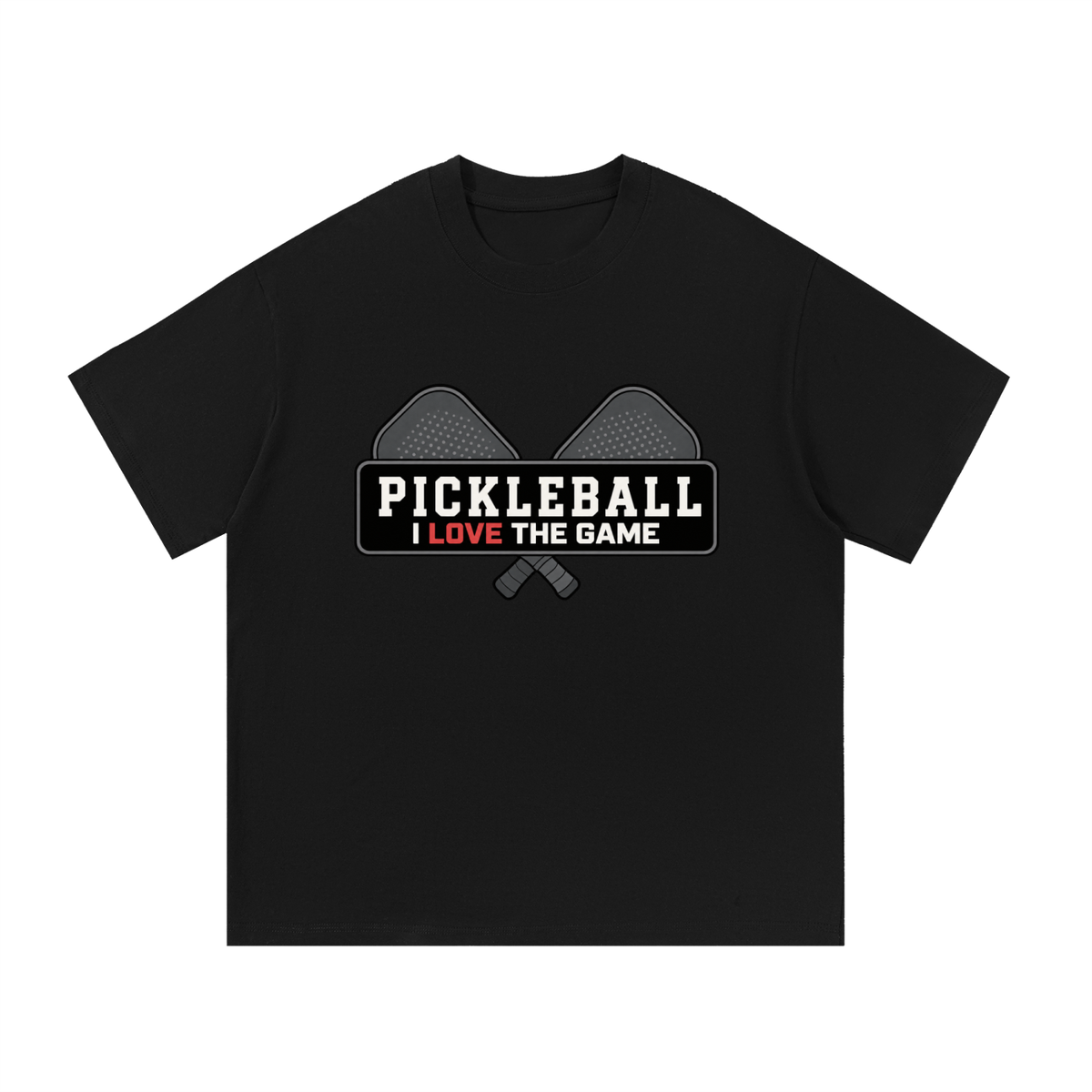 Black cotton T-shirt with 'Pickleball I love the game' graphic