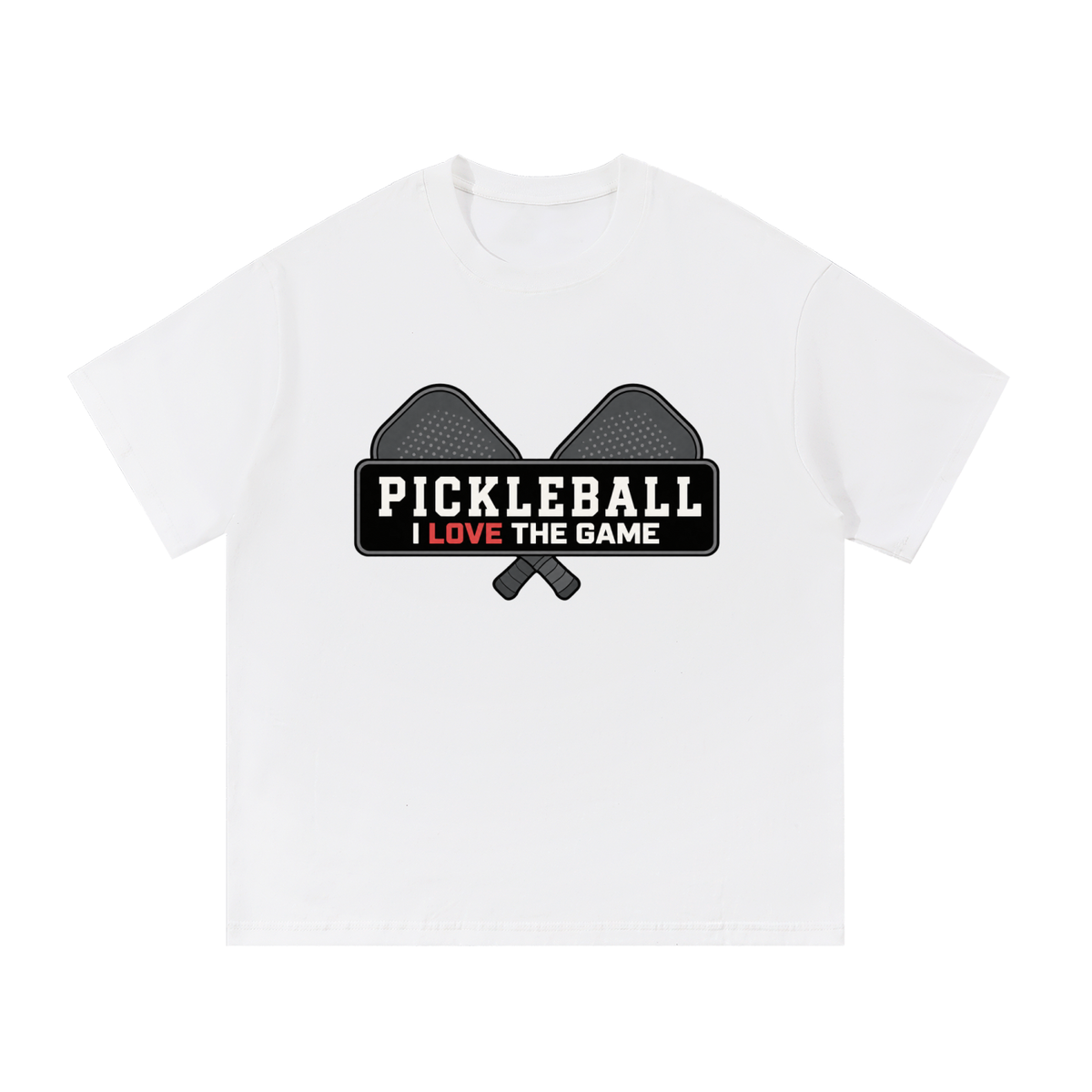 White cotton T-shirt with 'Pickleball I love the game' graphic