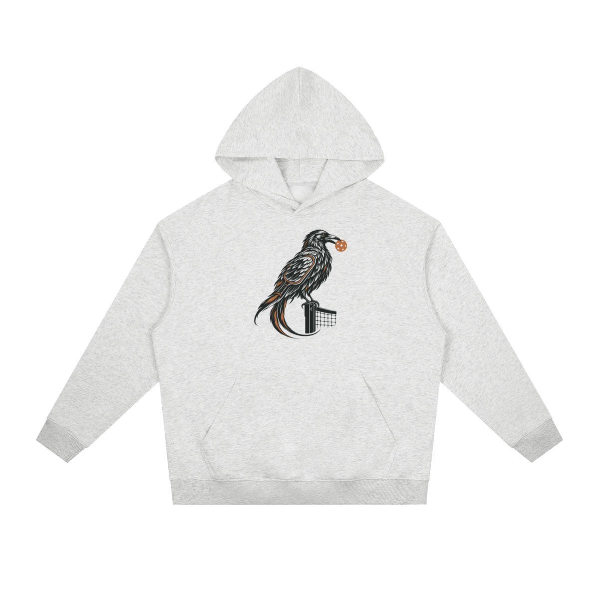 Light gray drop-shoulder hoodie with front hood and bird graphic