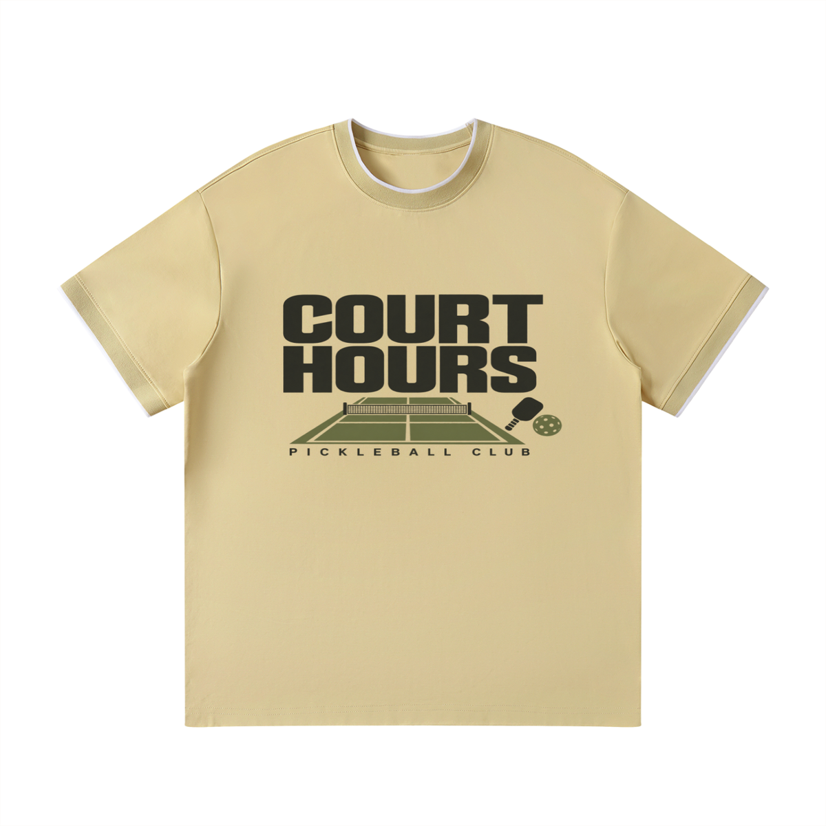 Tan unisex regular fit T-shirt with COURT HOURS pickleball graphic