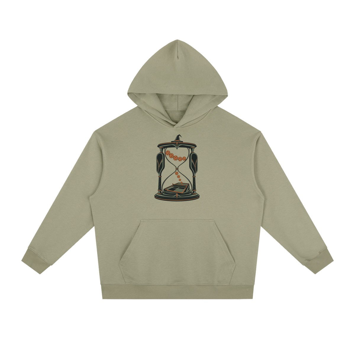 Sage green heavyweight drop-shoulder hoodie with hourglass graphic and front pouch