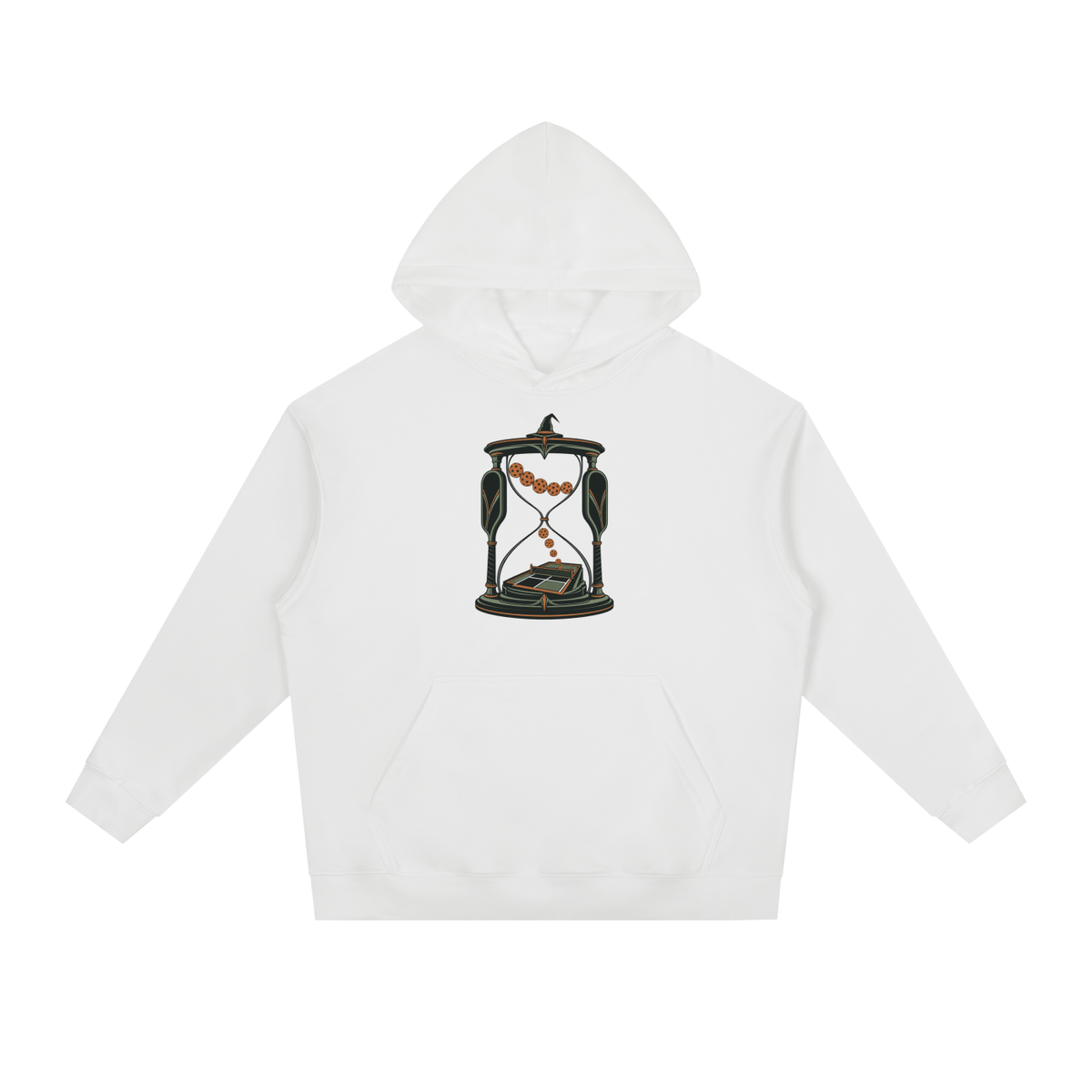 White heavy hoodie with front graphic, kangaroo pocket, and drawstring hood