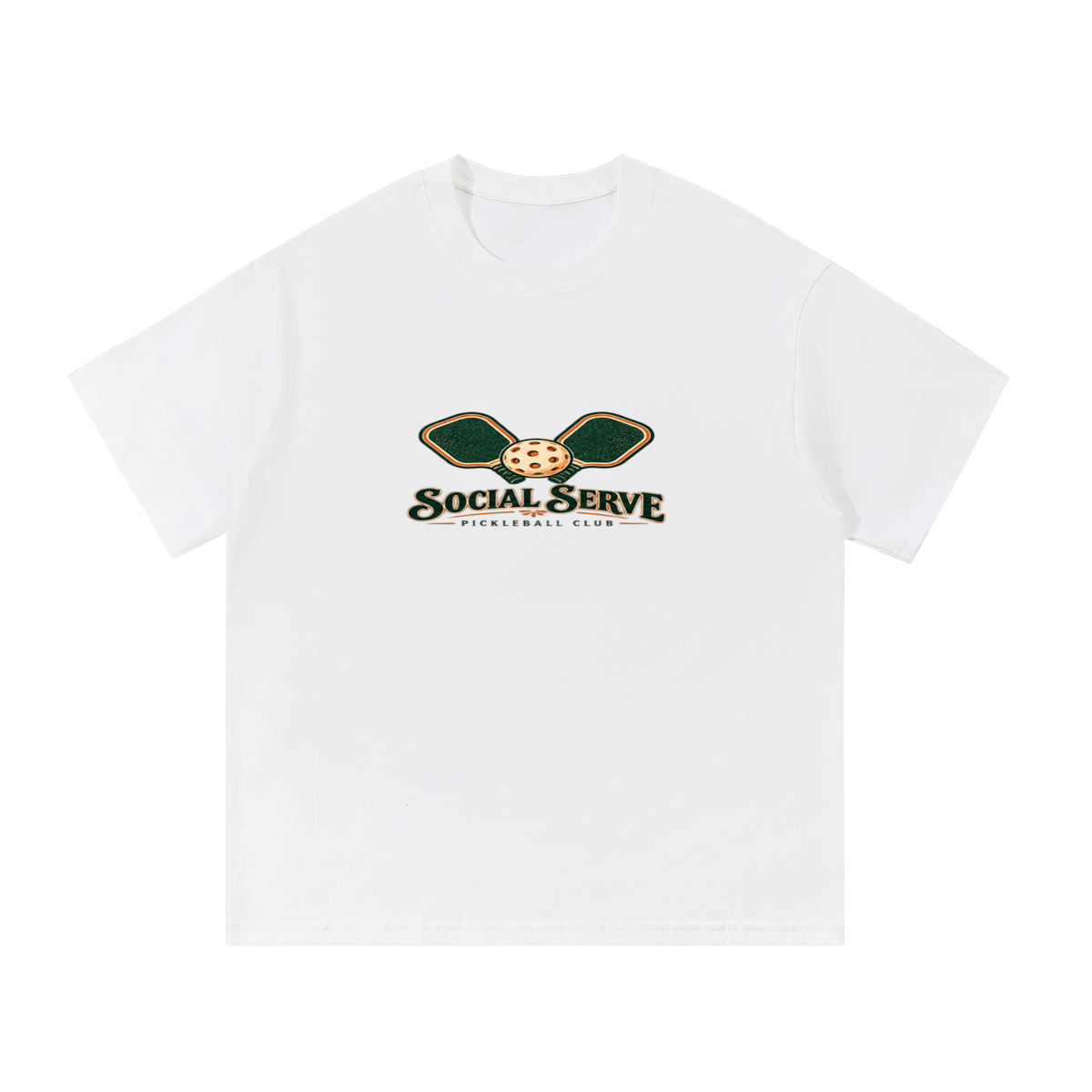 White cotton T-shirt with small “Social Serve Pickleball Club” front graphic.