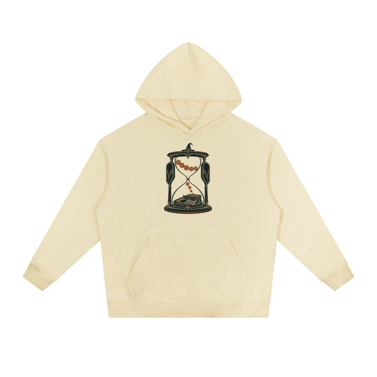Cream heavy hoodie with front graphic, kangaroo pocket, and drawstring hood