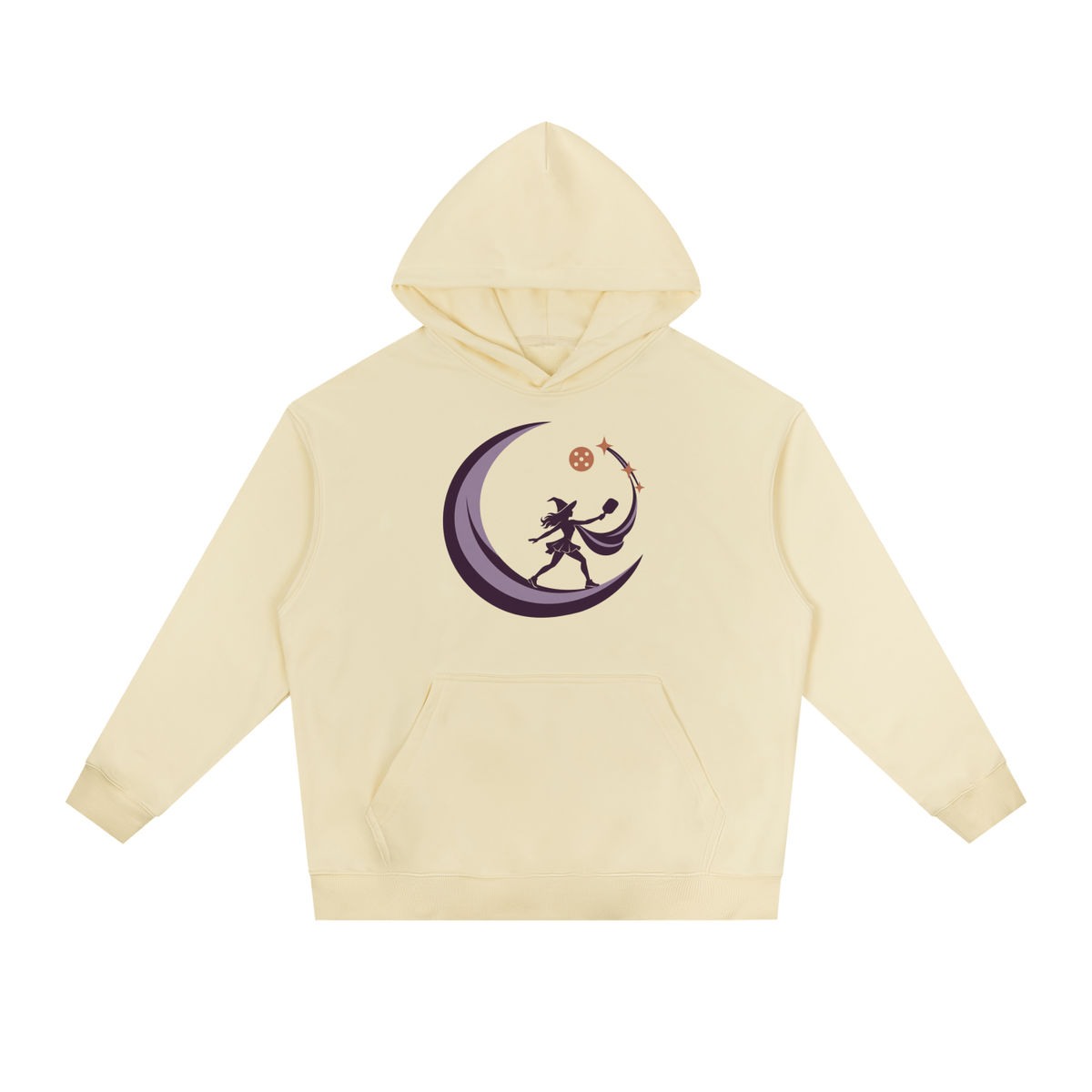 Light apricot heavyweight hoodie with kangaroo pocket and moon dancer graphic