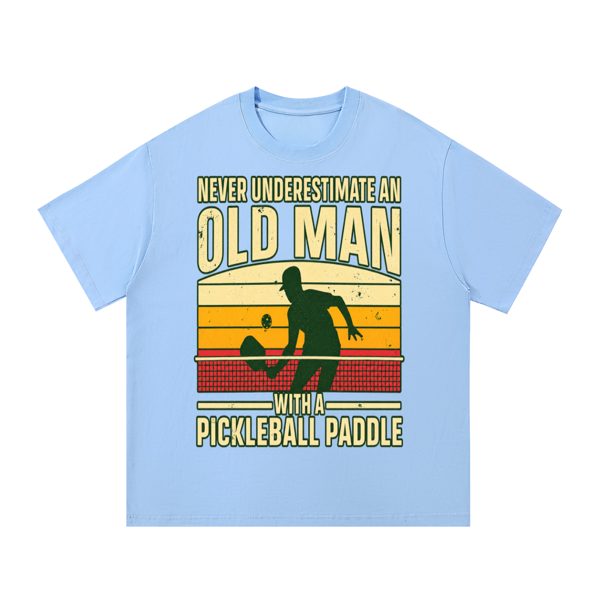 Light blue cotton t-shirt with “Old Man” pickleball graphic on the front
