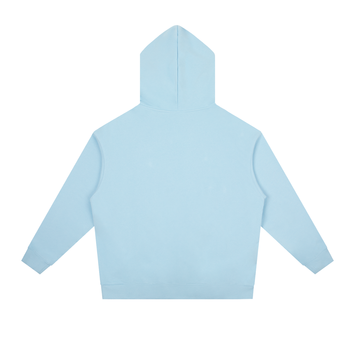 Sky blue back-view hoodie with hood and kangaroo pocket; drop-shoulder fit
