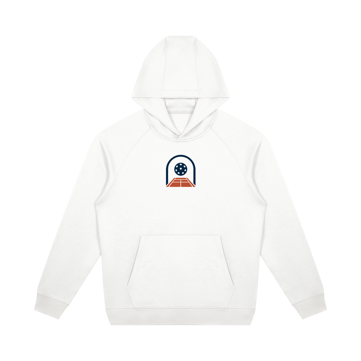 White unisex oversized raglan pullover hoodie with hood, kangaroo pocket, and front graphic