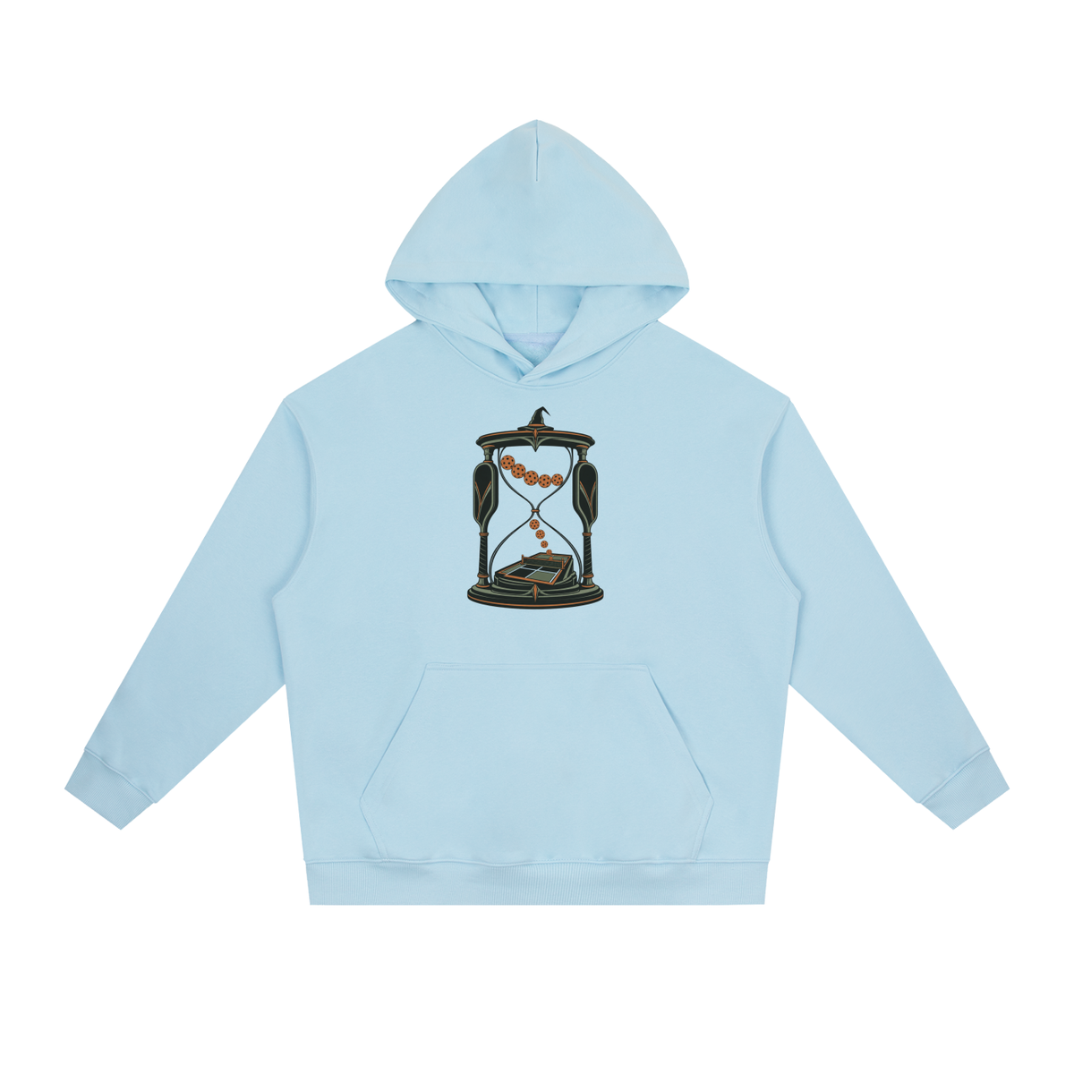 Light blue heavy hoodie with front graphic, kangaroo pocket, and drawstring hood