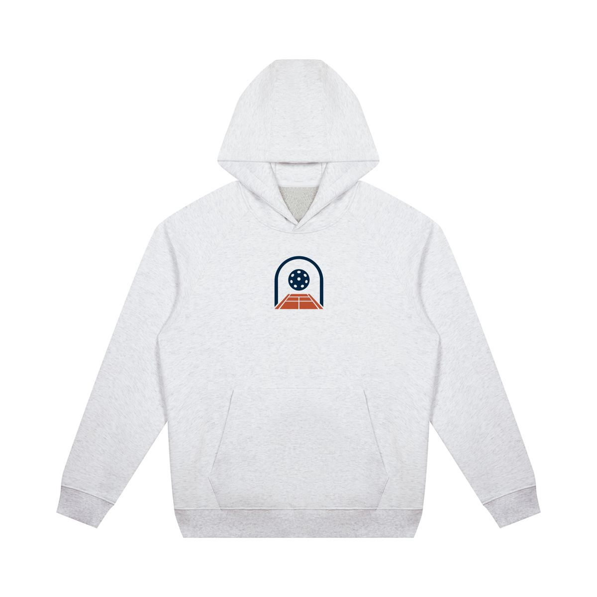 Light gray unisex oversized raglan pullover hoodie with hood, kangaroo pocket, and front graphic
