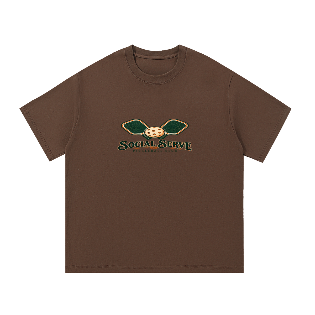 Brown cotton T-shirt with small “Social Serve Pickleball Club” front graphic.