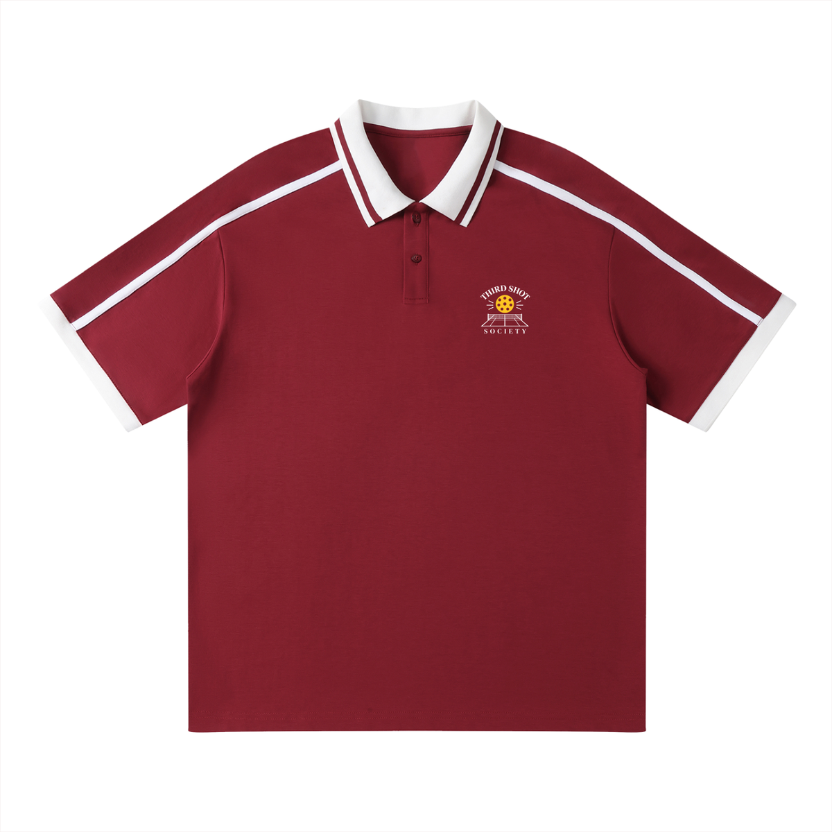 Wine red unisex polo shirt with white contrast piping, button collar, chest logo.