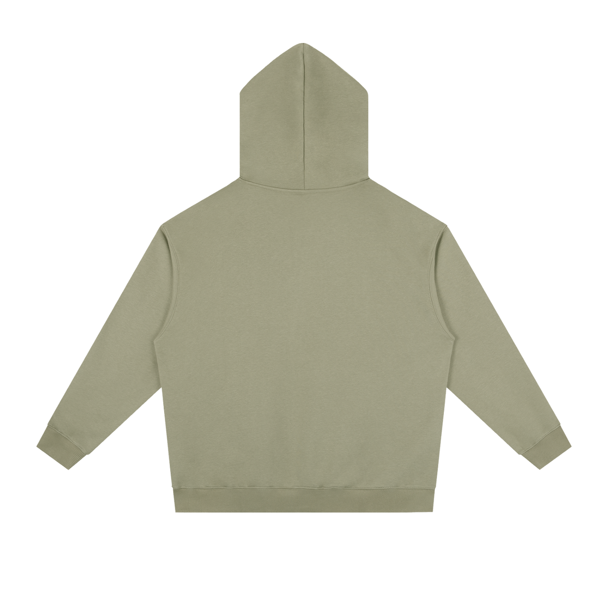 Sage green heavyweight drop-shoulder hoodie back view with hood and dropped shoulders