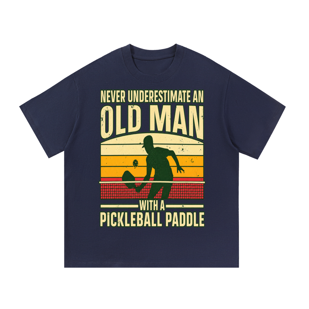 Navy cotton t-shirt with “Old Man” pickleball graphic on the front