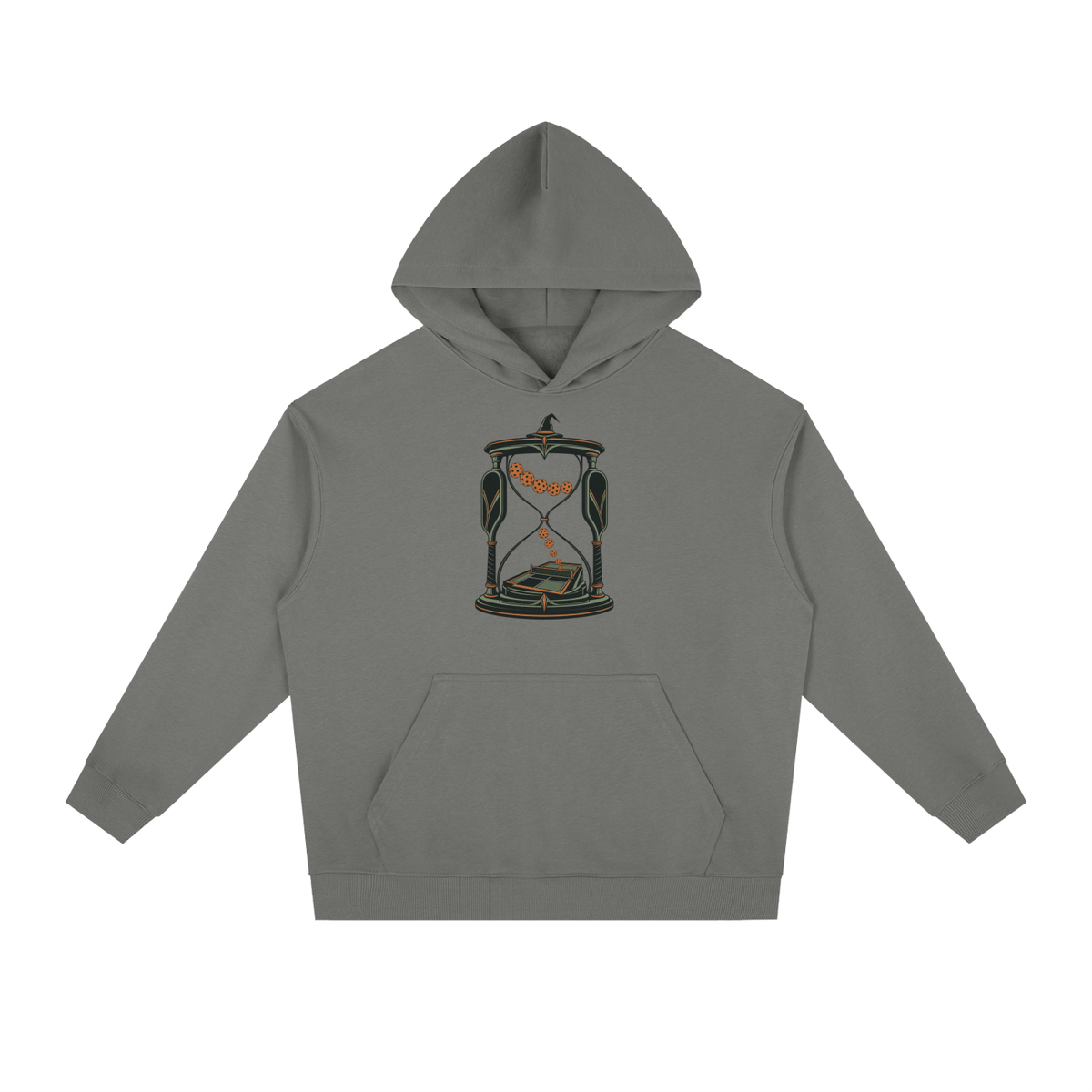 Dark gray heavyweight drop-shoulder hoodie with hourglass graphic and front pouch
