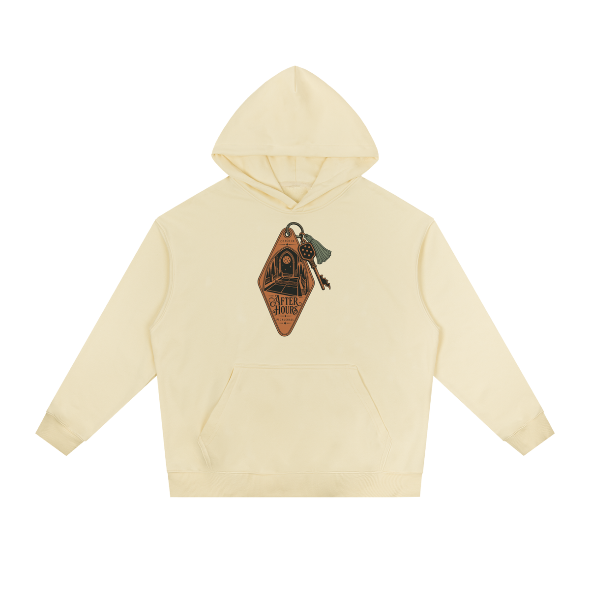 Mild apricot heavyweight drop-shoulder hoodie with front kangaroo pocket and hood.